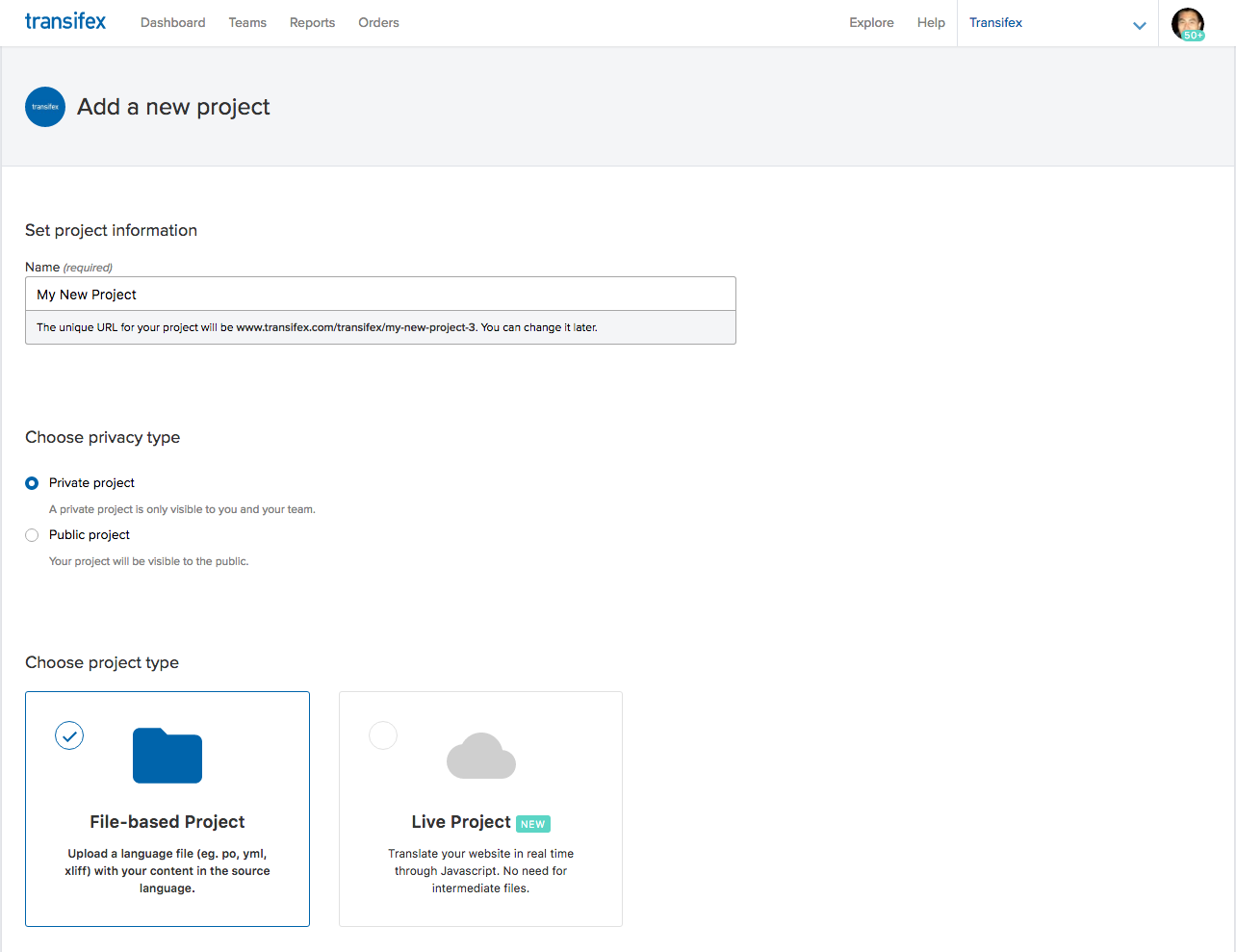 create a new Transifex translation project