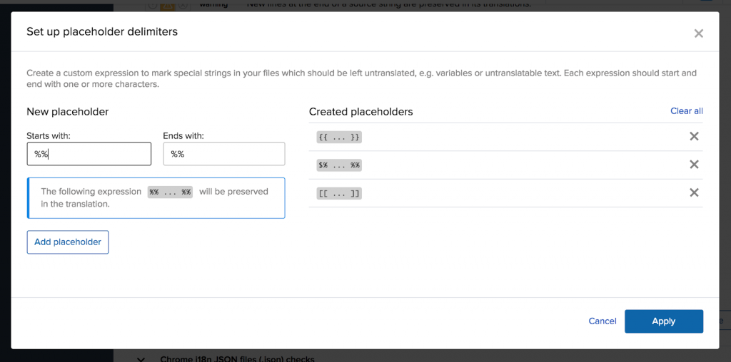 Transifex Editor Custom Placeholder Delimiters