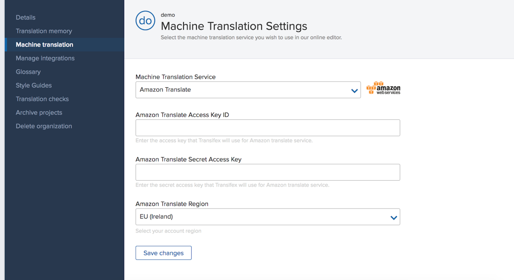 Transifex settings for machine translation - Amazon Translate