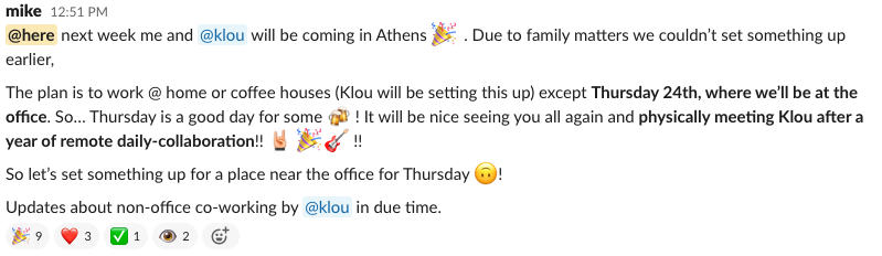 Slack announcement about visiting Athens