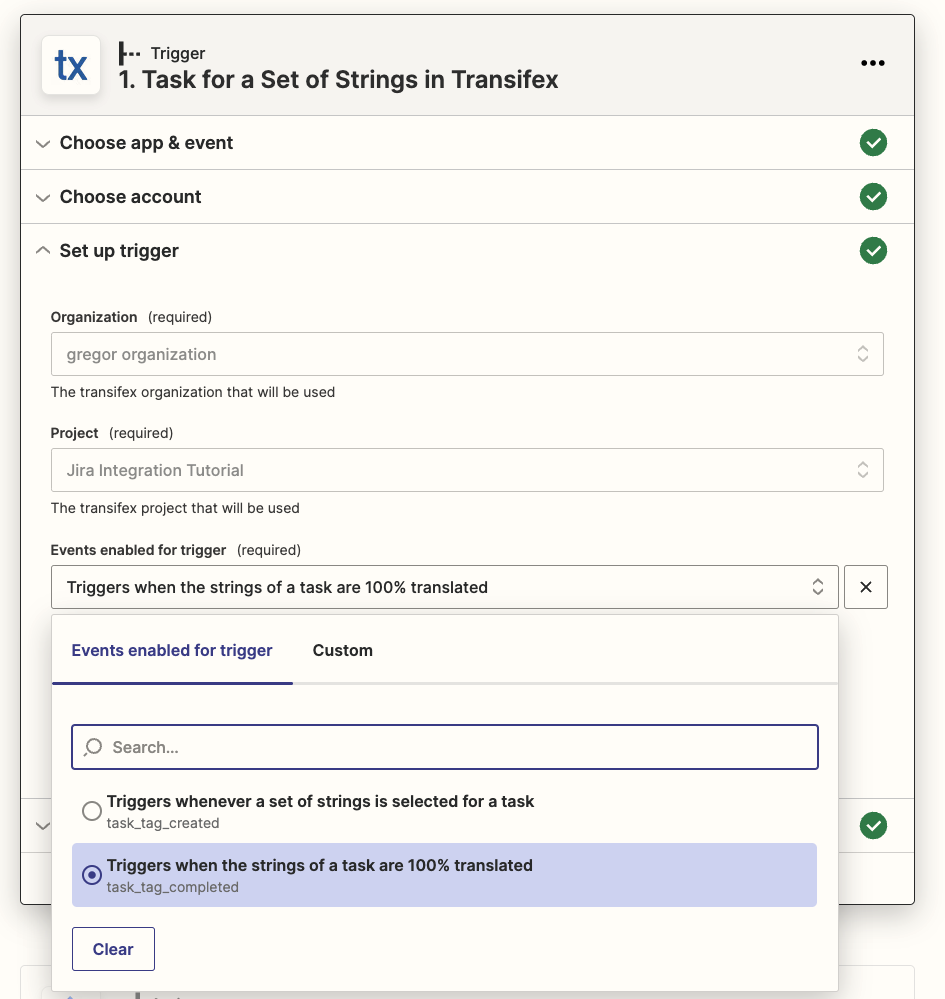 Transifex task completed trigger in zapier