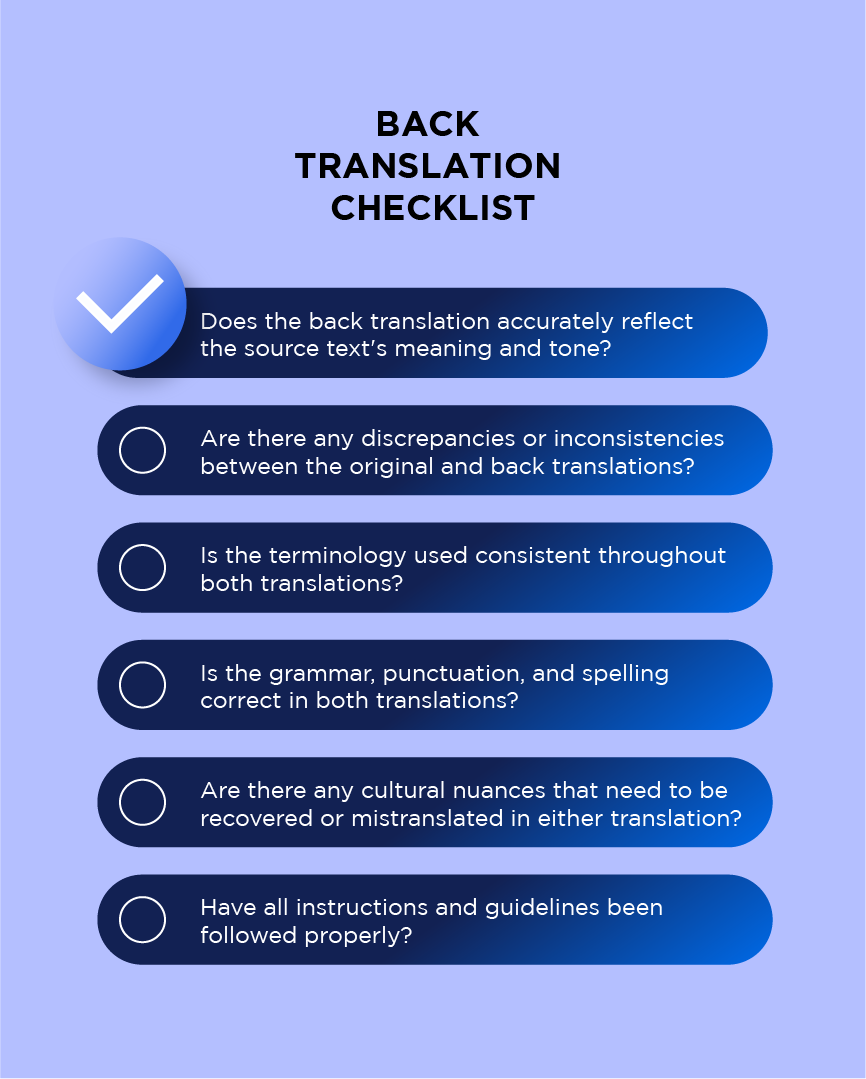 Checklist for back translation